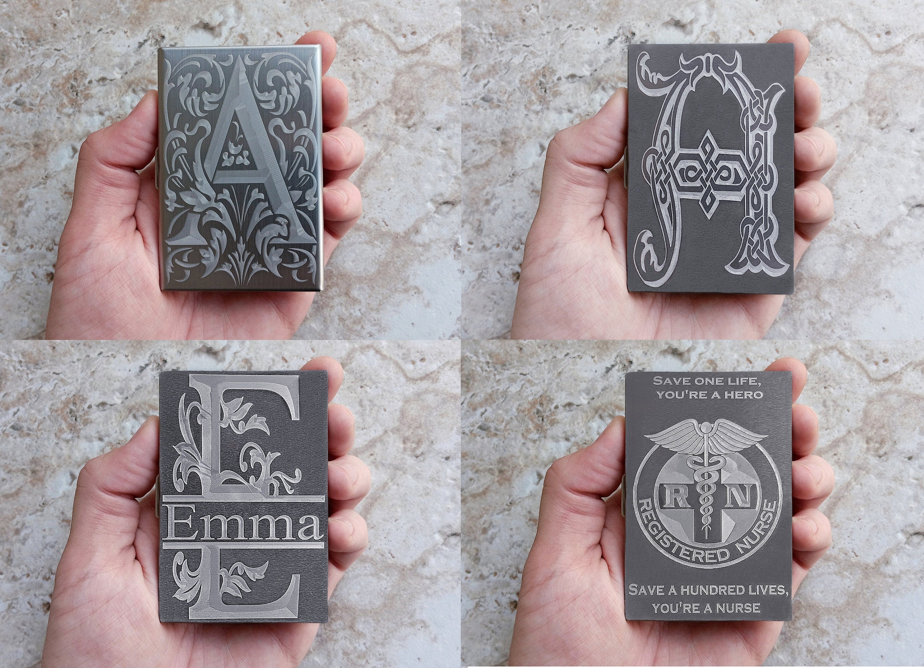 Card Holder Wallet Custom Engraved Stainless Steel RFID Blocking Credit Debit Business Box w Release Button Case Floral Celtic Regal Split